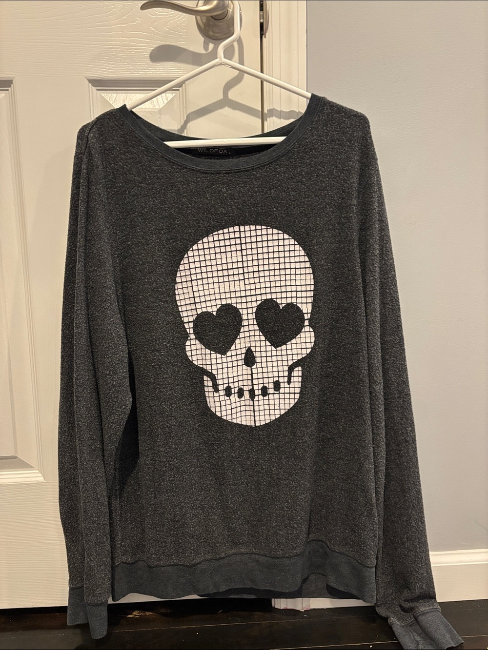 Wildfox Charcoal Gray Skull Heart-Eye Long Sleeve Top